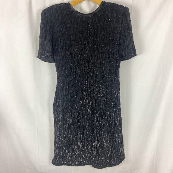 Lawrence Kazar Vintage 80's Black Silk Sequin Dress Women's Medium. - Picture 6 of 14